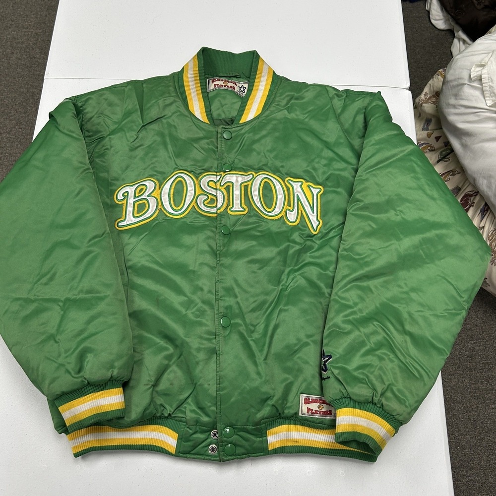 Boston Celtics Jacket Mens L Green Good Vintage Satin Bomber Spellout - Picture 1 of 11